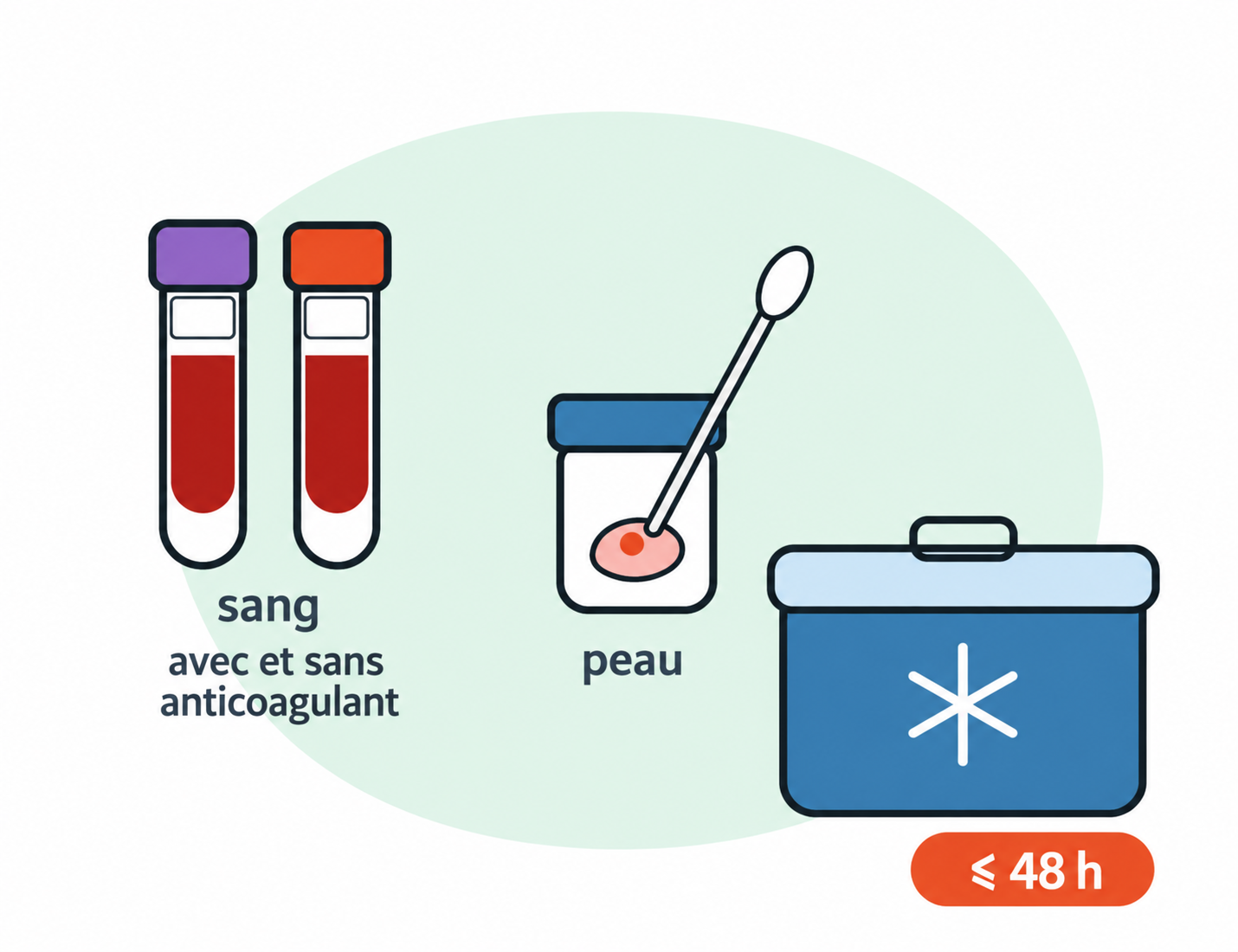Prélèvements pour la dermatose nodulaire contagieuse : sang, peau avec nodules et écouvillons ; acheminement sur glace dans un contenant isotherme dans les 48 heures